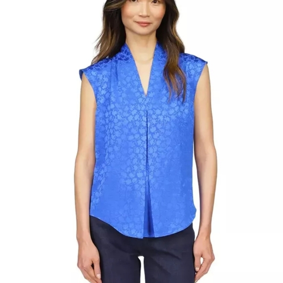 Michael Michael Kors Women's Blouse Fleur Jacquard Top Grecian Blue Petite M - Picture 1 of 5